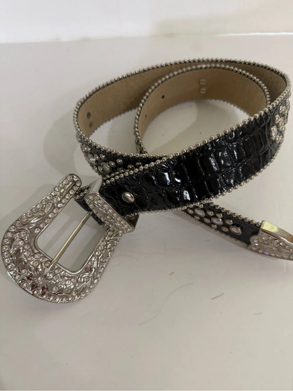 Black & Silver Leather Belt SZ M Sequin Studded Rhinestones Crosses Buckle